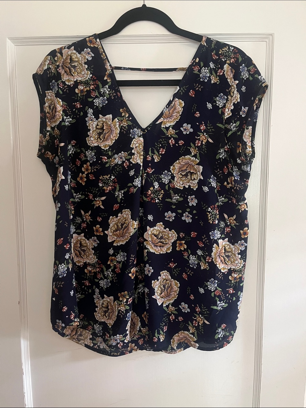 Halogen Navy Floral V-Neck Short Sleeve Blouse